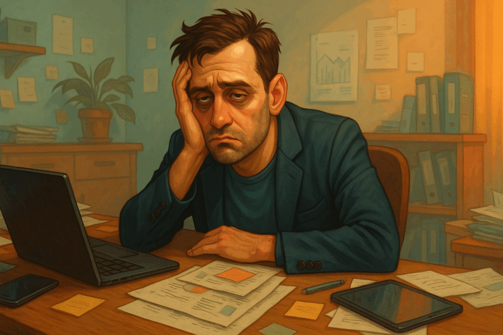 Illustration eines erschöpften Mannes im Büro, umgeben von Unterlagen und digitalen Geräten – symbolisiert die Überforderung durch Social Media Marketing