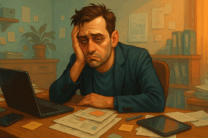 Illustration eines erschöpften Mannes im Büro, umgeben von Unterlagen und digitalen Geräten – symbolisiert die Überforderung durch Social Media Marketing