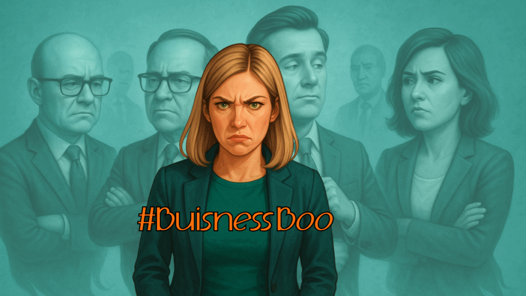 Verärgerte Frau vor geisterhaften Arbeitgebern – Illustration zum Thema Jobghosting und Bewerberfrust