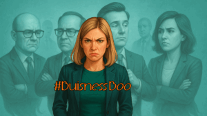Verärgerte Frau vor geisterhaften Arbeitgebern – Illustration zum Thema Jobghosting und Bewerberfrust